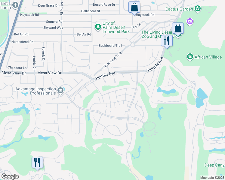 map of restaurants, bars, coffee shops, grocery stores, and more near 73446 Dalea Lane in Palm Desert
