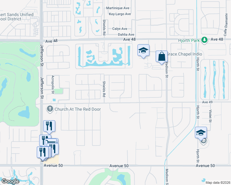 map of restaurants, bars, coffee shops, grocery stores, and more near 80591 Tangelo Court in Indio