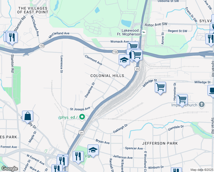 map of restaurants, bars, coffee shops, grocery stores, and more near 2243 Newnan Street in Atlanta