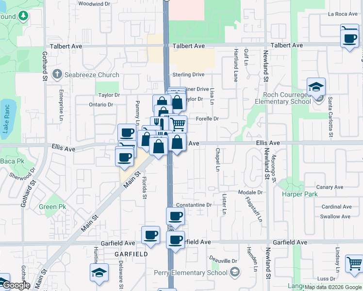 map of restaurants, bars, coffee shops, grocery stores, and more near 18462 Beach Boulevard in Huntington Beach