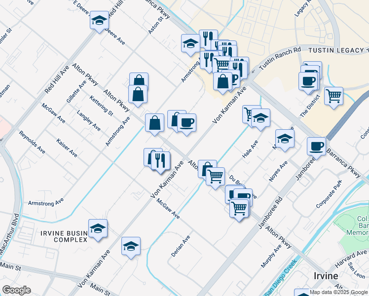 map of restaurants, bars, coffee shops, grocery stores, and more near 16969 Von Karman Avenue in Irvine