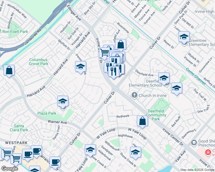 map of restaurants, bars, coffee shops, grocery stores, and more near 39 Santa Comba in Irvine