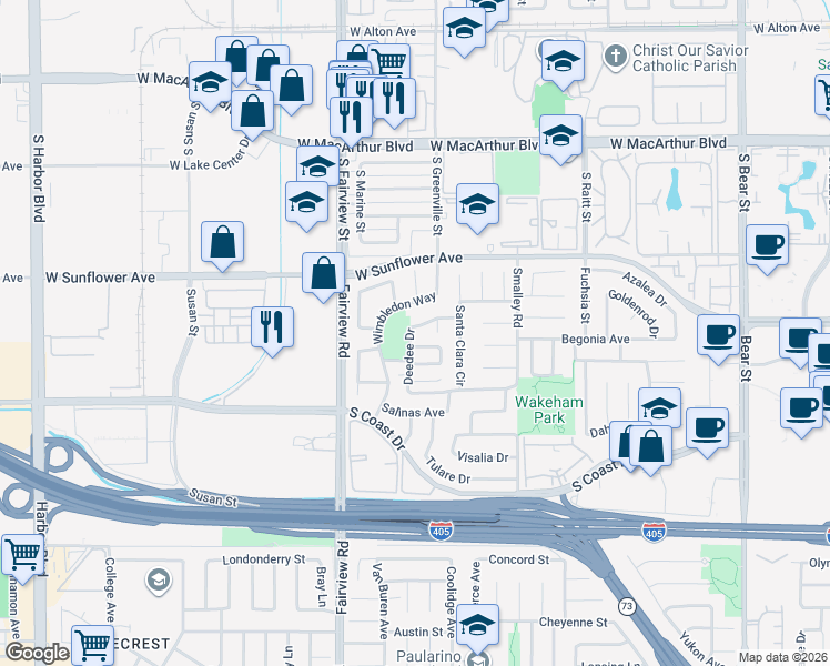 map of restaurants, bars, coffee shops, grocery stores, and more near 1119 San Jose in Costa Mesa