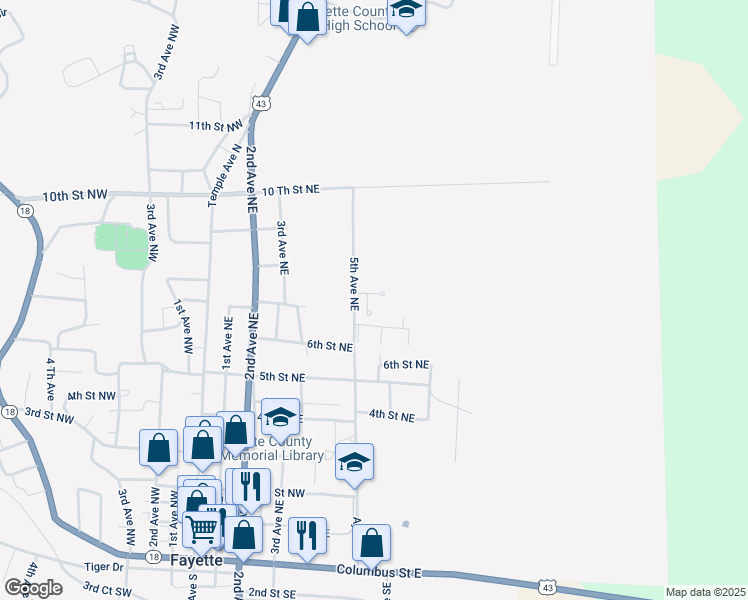 map of restaurants, bars, coffee shops, grocery stores, and more near 400 East Side Appartments in Fayette
