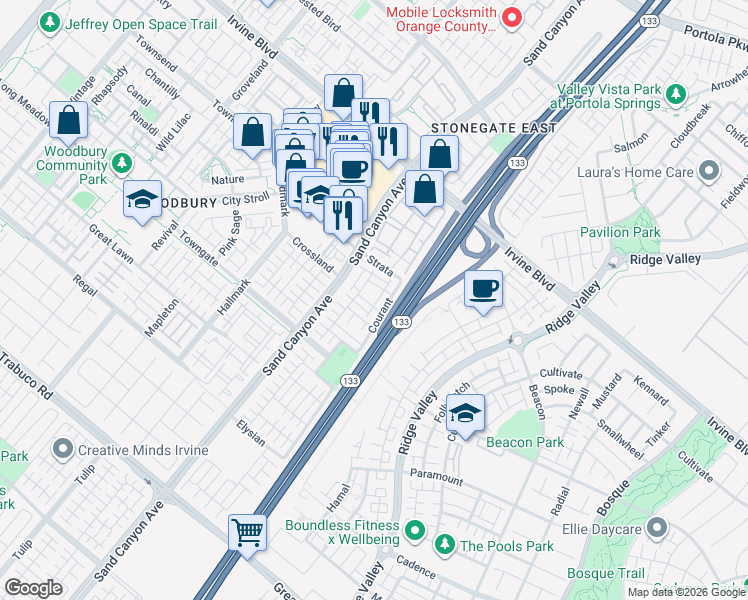 map of restaurants, bars, coffee shops, grocery stores, and more near 37 Opus in Irvine