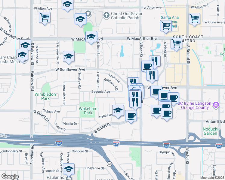 map of restaurants, bars, coffee shops, grocery stores, and more near 934 Goldenrod Drive in Costa Mesa
