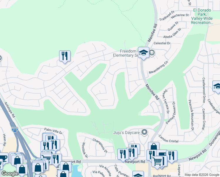 map of restaurants, bars, coffee shops, grocery stores, and more near 29451 Winding Brook Drive in Menifee
