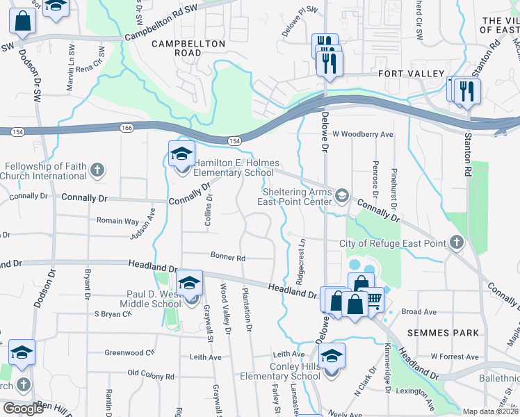 map of restaurants, bars, coffee shops, grocery stores, and more near 2214 Plantation Drive in East Point