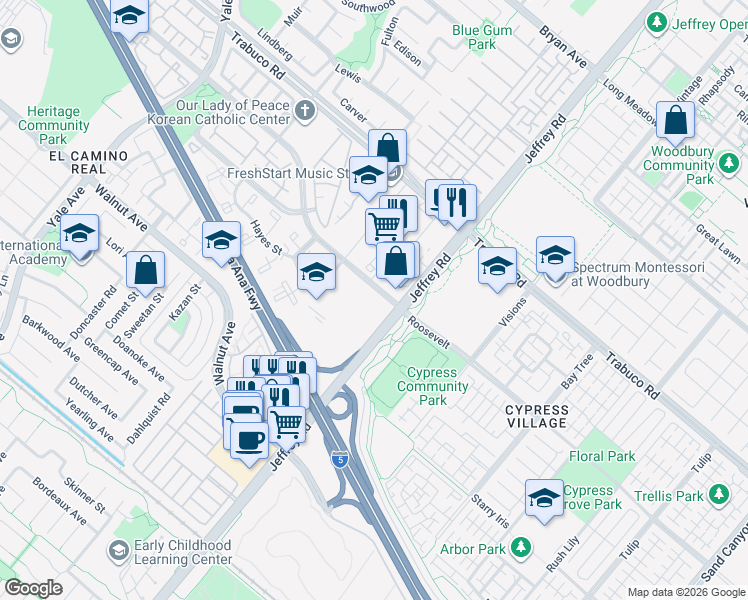 map of restaurants, bars, coffee shops, grocery stores, and more near 610 Roosevelt in Irvine