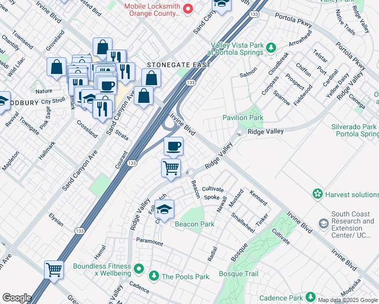 map of restaurants, bars, coffee shops, grocery stores, and more near 115 Allusion in Irvine