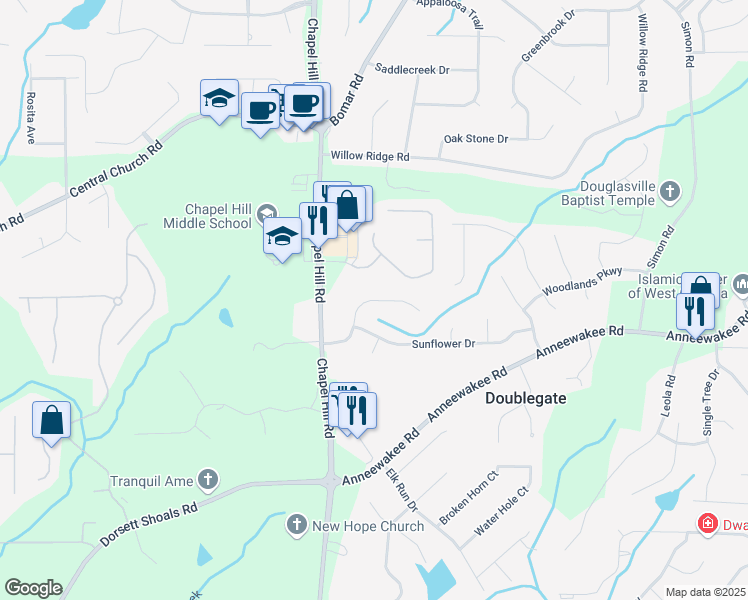 map of restaurants, bars, coffee shops, grocery stores, and more near 4403 Treeline Way in Douglasville