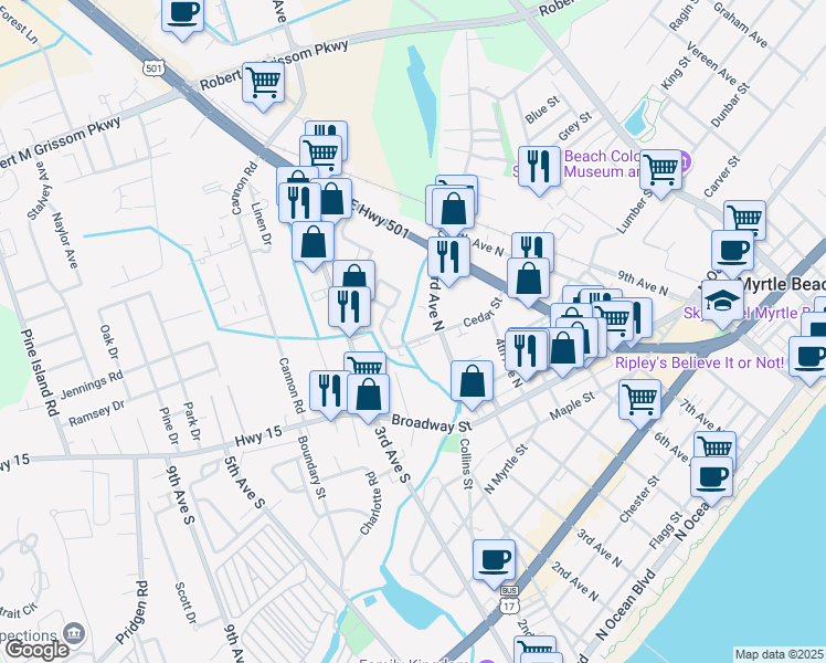map of restaurants, bars, coffee shops, grocery stores, and more near 201 Cedar Street in Myrtle Beach
