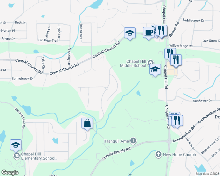 map of restaurants, bars, coffee shops, grocery stores, and more near 4445 Mill Water Crossing in Douglasville