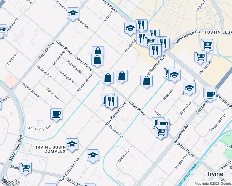 map of restaurants, bars, coffee shops, grocery stores, and more near 157 Steely in Irvine