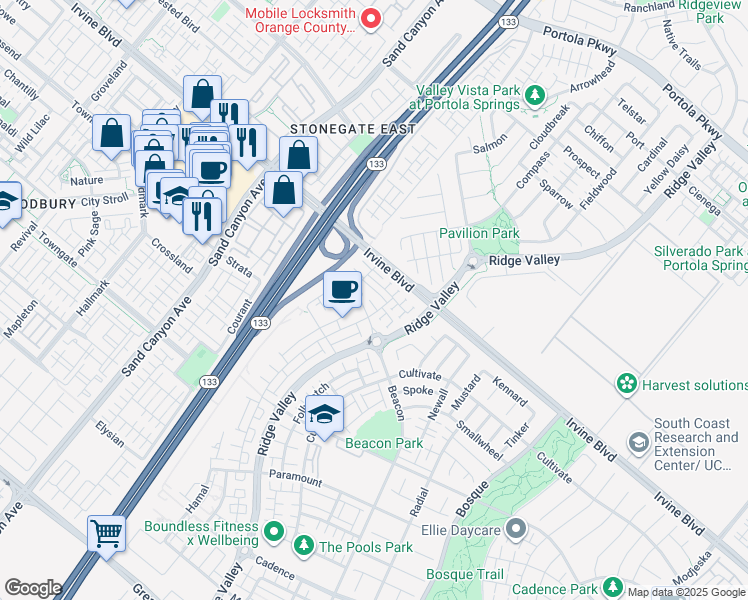 map of restaurants, bars, coffee shops, grocery stores, and more near 115 Allusion in Irvine