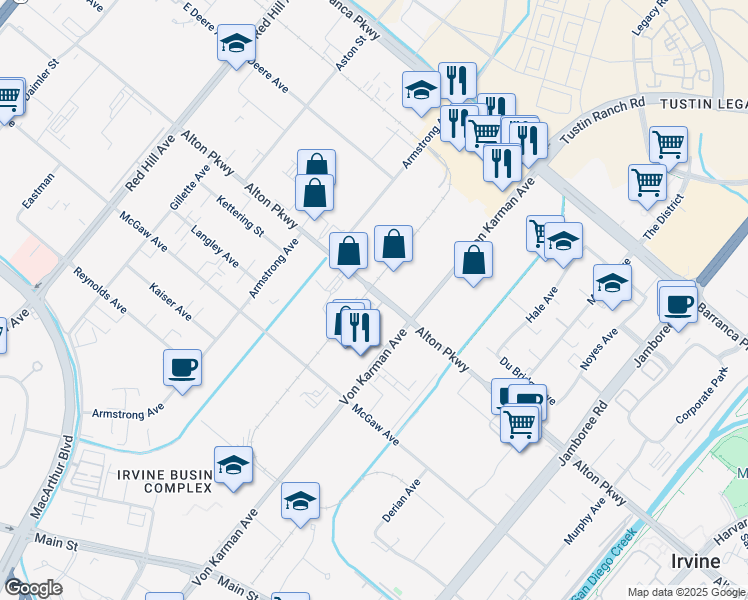 map of restaurants, bars, coffee shops, grocery stores, and more near 177 Steely in Irvine