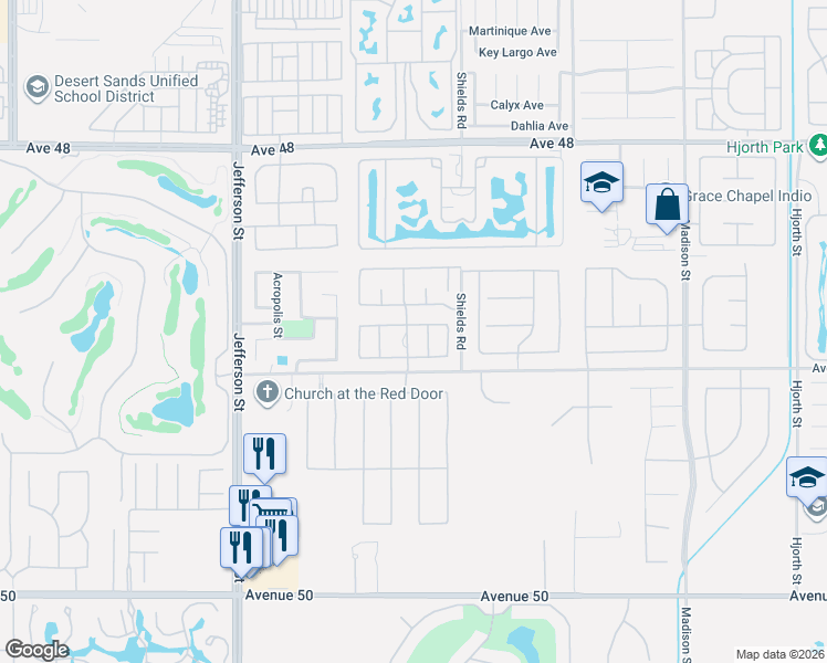 map of restaurants, bars, coffee shops, grocery stores, and more near 80405 Paseo De Tiempo in Indio