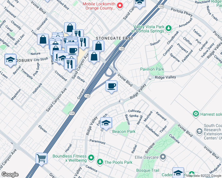 map of restaurants, bars, coffee shops, grocery stores, and more near 109 Mirth in Irvine