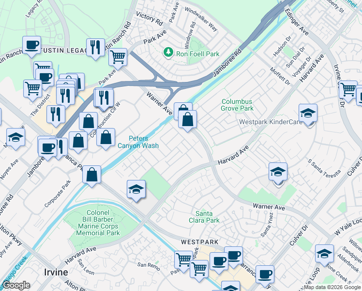 map of restaurants, bars, coffee shops, grocery stores, and more near 53 Candytuft in Irvine