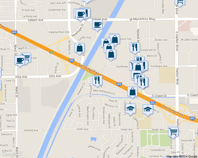 map of restaurants, bars, coffee shops, grocery stores, and more near 3344 Nevada Avenue in Costa Mesa