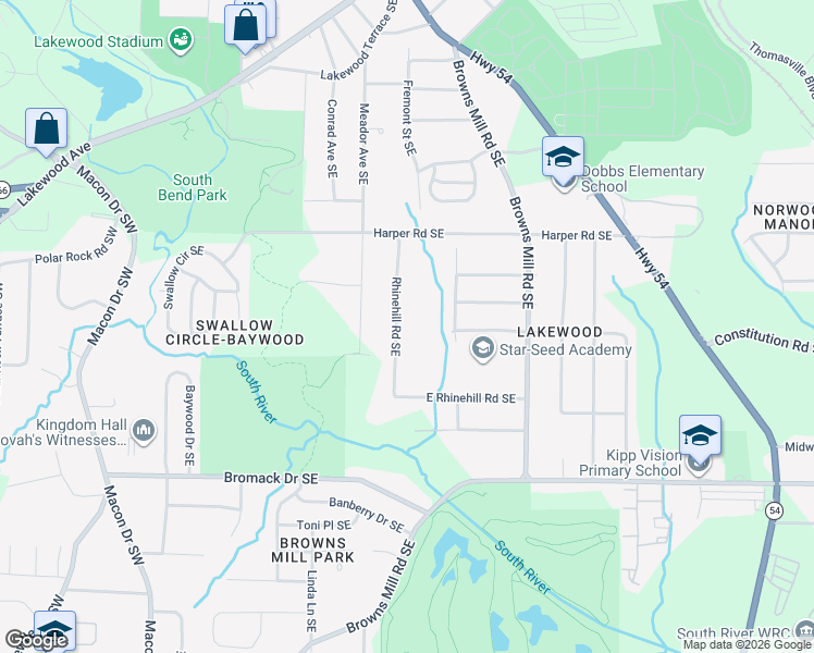 map of restaurants, bars, coffee shops, grocery stores, and more near 2192 Rhinehill Road Southeast in Atlanta
