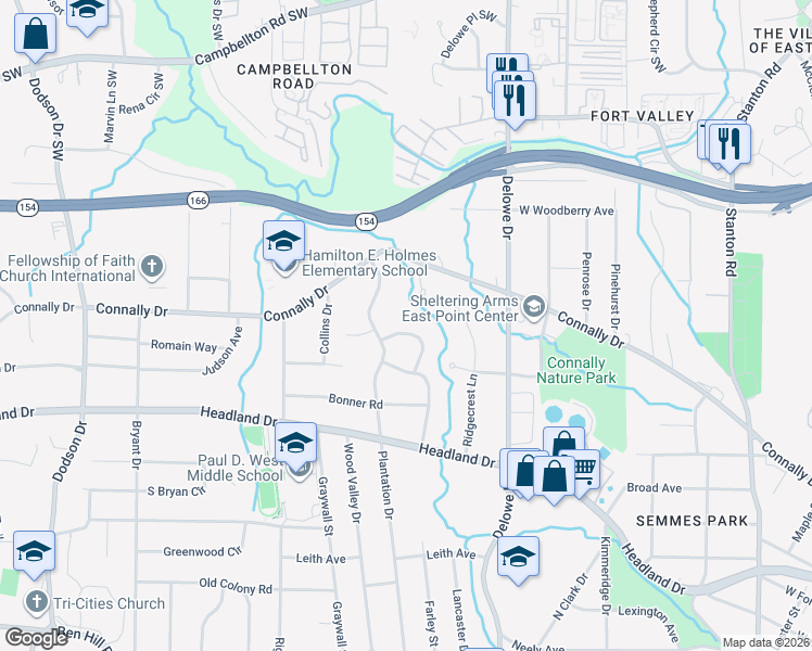 map of restaurants, bars, coffee shops, grocery stores, and more near 2214 Plantation Drive in East Point