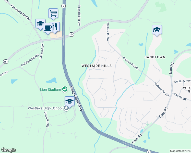 map of restaurants, bars, coffee shops, grocery stores, and more near 5455 Red Berry Lane Southwest in Atlanta
