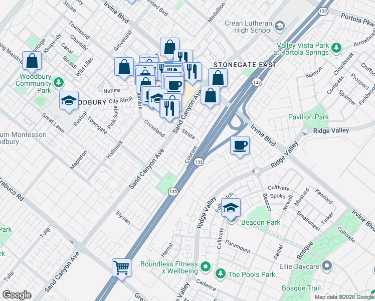 map of restaurants, bars, coffee shops, grocery stores, and more near 33 Quartet in Irvine