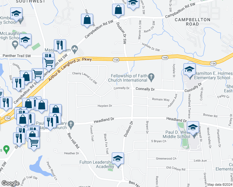 map of restaurants, bars, coffee shops, grocery stores, and more near 2262 Connally Court in East Point