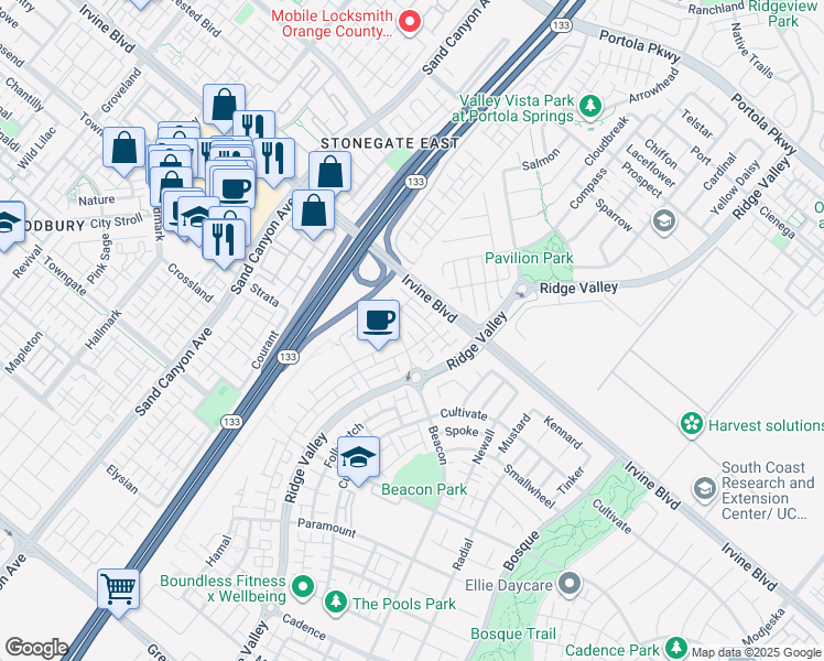 map of restaurants, bars, coffee shops, grocery stores, and more near 131 Tenor in Irvine