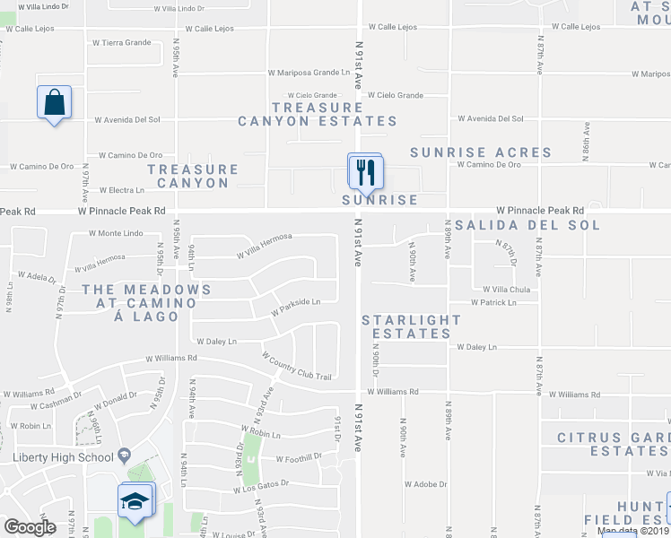 map of restaurants, bars, coffee shops, grocery stores, and more near 9724 West Parkside Lane in Peoria