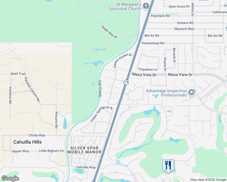 map of restaurants, bars, coffee shops, grocery stores, and more near 48756 Desert Flower Drive in Palm Desert