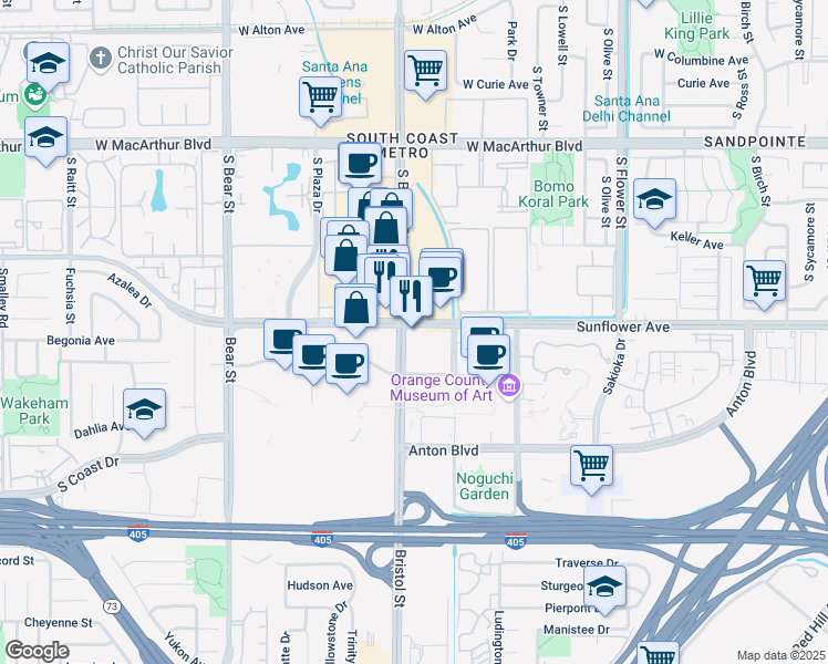 map of restaurants, bars, coffee shops, grocery stores, and more near in Santa Ana