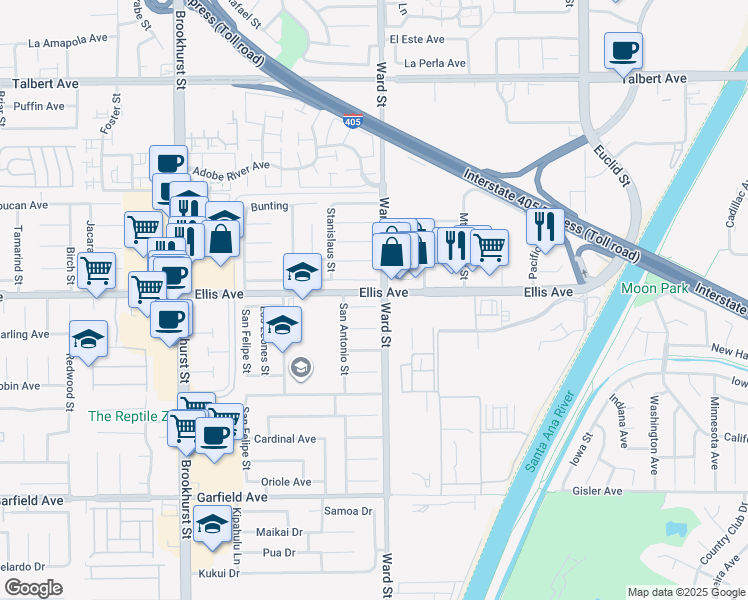 map of restaurants, bars, coffee shops, grocery stores, and more near 10468 Placer River Circle in Fountain Valley