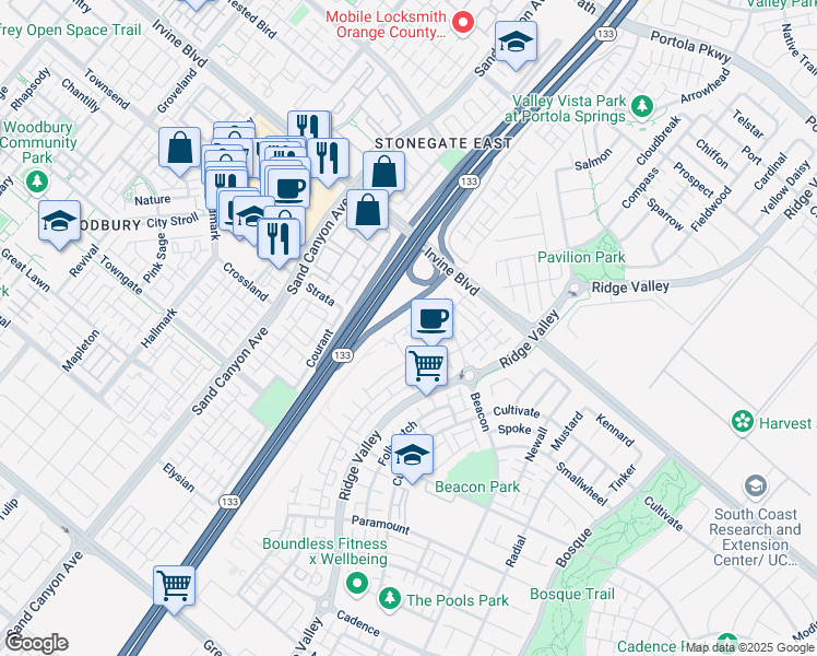 map of restaurants, bars, coffee shops, grocery stores, and more near 1124 Epic in Irvine