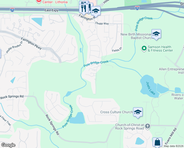 map of restaurants, bars, coffee shops, grocery stores, and more near 5898 Par 3 Way in Stonecrest