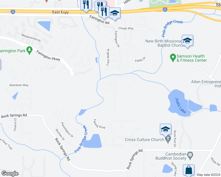 map of restaurants, bars, coffee shops, grocery stores, and more near 8101 Par 4 Way in Lithonia