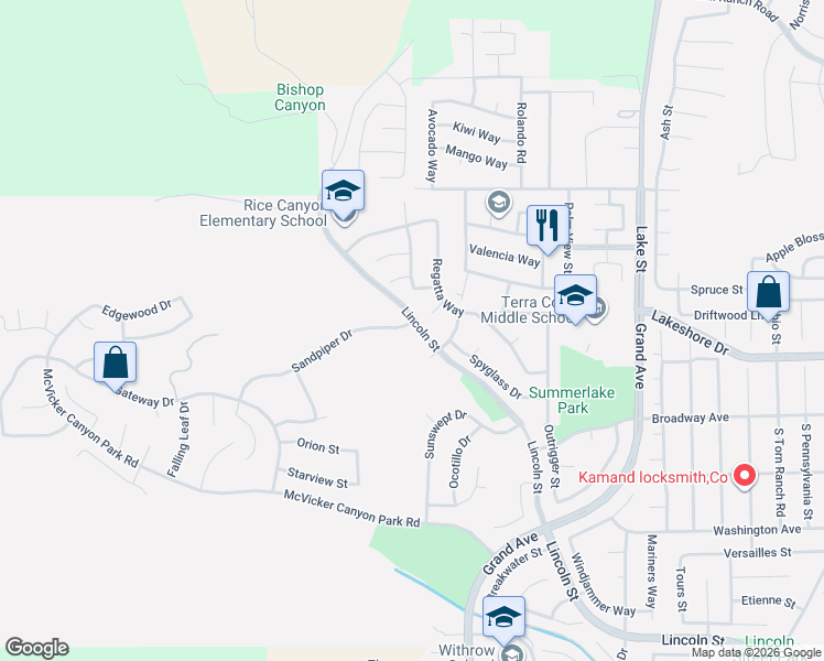 map of restaurants, bars, coffee shops, grocery stores, and more near 29200 Sandpiper Drive in Lake Elsinore