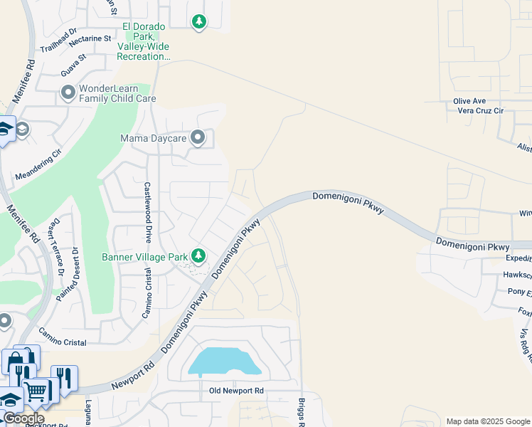 map of restaurants, bars, coffee shops, grocery stores, and more near Domenigoni Parkway in Menifee