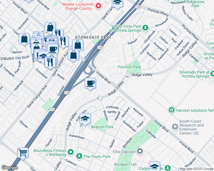 map of restaurants, bars, coffee shops, grocery stores, and more near 167 Tenor in Irvine