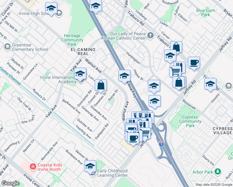map of restaurants, bars, coffee shops, grocery stores, and more near 27 Kazan Street in Irvine