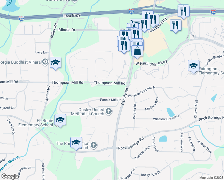 map of restaurants, bars, coffee shops, grocery stores, and more near 3177 Thompson Mill Road in Stonecrest