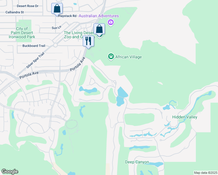 map of restaurants, bars, coffee shops, grocery stores, and more near 74064 Desert Bloom Trail in Palm Desert