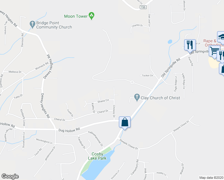 map of restaurants, bars, coffee shops, grocery stores, and more near 6518 Chrissy Drive in Pinson