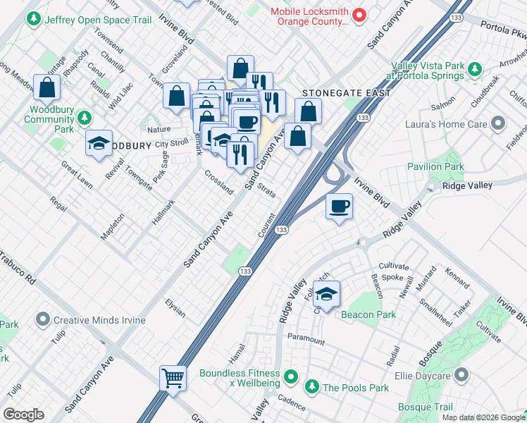 map of restaurants, bars, coffee shops, grocery stores, and more near 37 Opus in Irvine