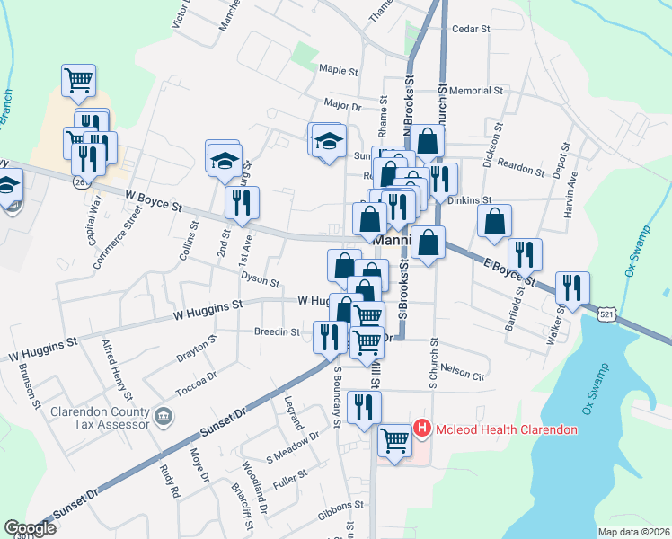 map of restaurants, bars, coffee shops, grocery stores, and more near 101 South Boundary Street in Manning