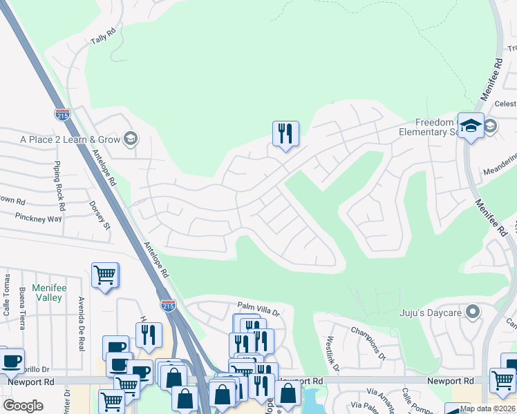 map of restaurants, bars, coffee shops, grocery stores, and more near 28174 Glenside Court in Menifee