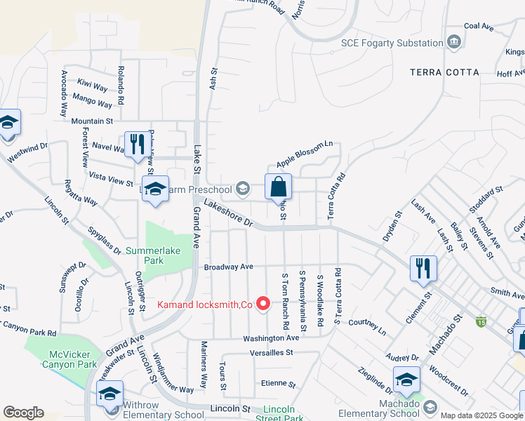 map of restaurants, bars, coffee shops, grocery stores, and more near 224 Northshore Drive in Lake Elsinore