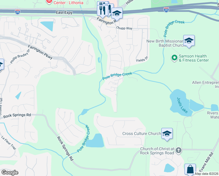 map of restaurants, bars, coffee shops, grocery stores, and more near 5898 Par 3 Way in Stonecrest