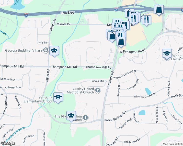 map of restaurants, bars, coffee shops, grocery stores, and more near 5239 Winding Glen Drive in Stonecrest